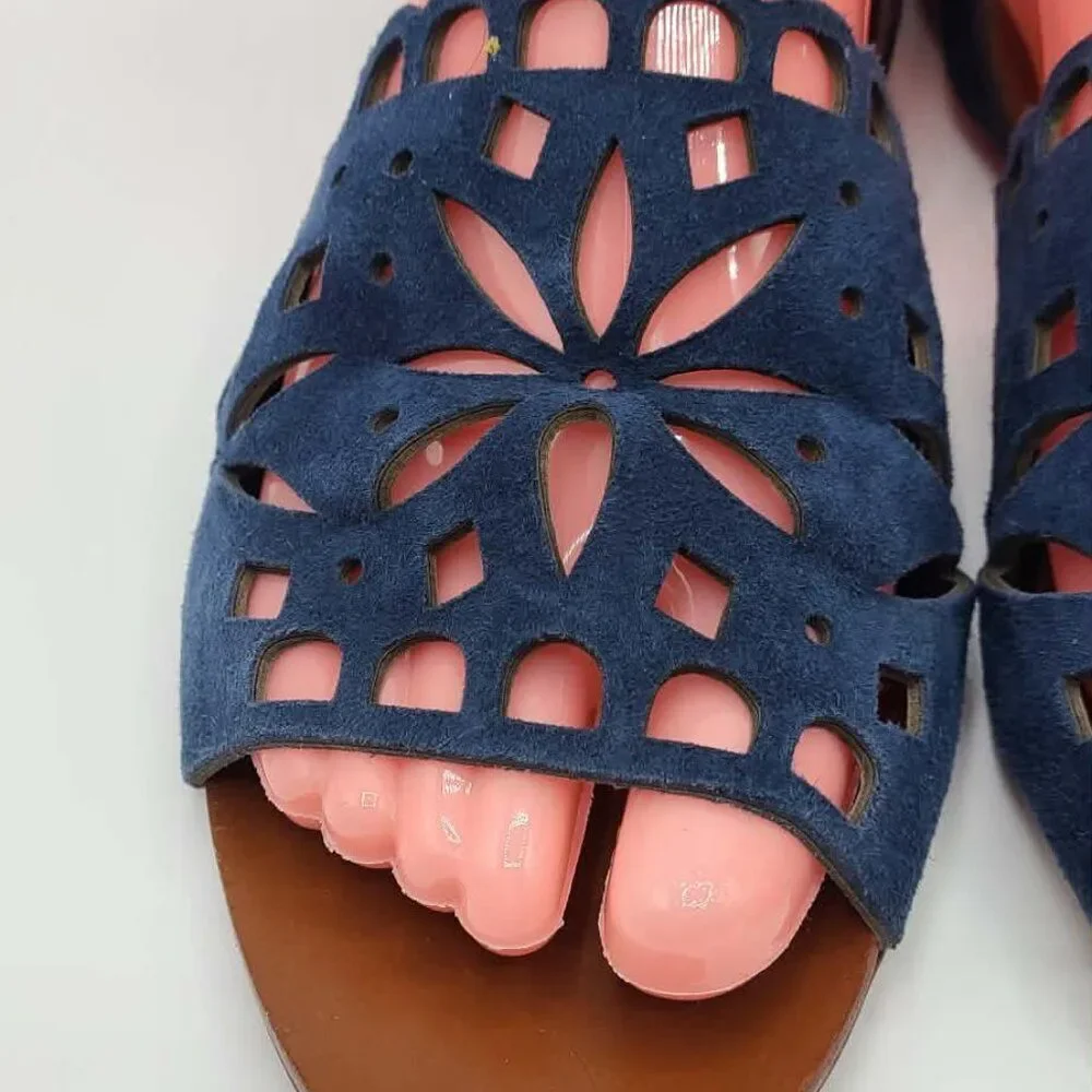 Tory Burch May Flat Lancaster Navy Ankle Strap Sandals size 7M